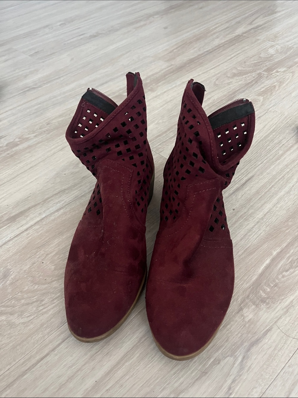 Nature Breeze Perforated Suede Ankle Boots in Burgundy